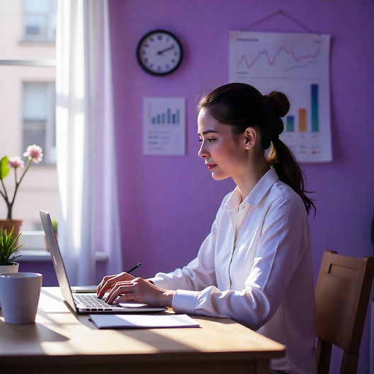 Person sitting, smilling, at a desk with a laptop in a purple setting