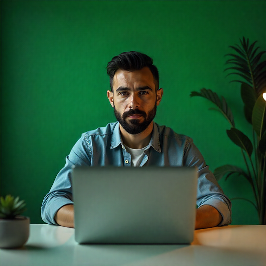 Green setting with a happy person working on a laptop 